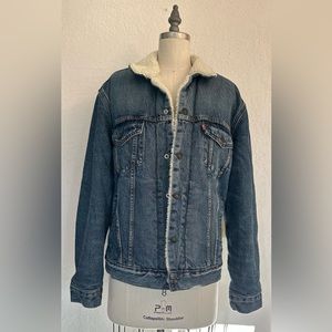 Levi's Denim Trucker Jacket Mens Size S Jean Sherpa Lined Blue